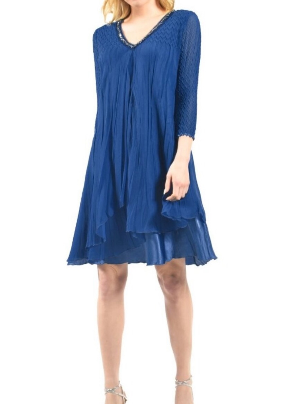 Komarov V-Neck Dress with Beaded Trim